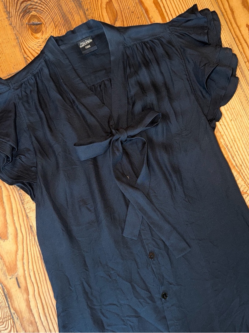Jean Paul Gaultier Femme Women's Vintage 100% Silk Tie-Neck flutter sleeveBlouse